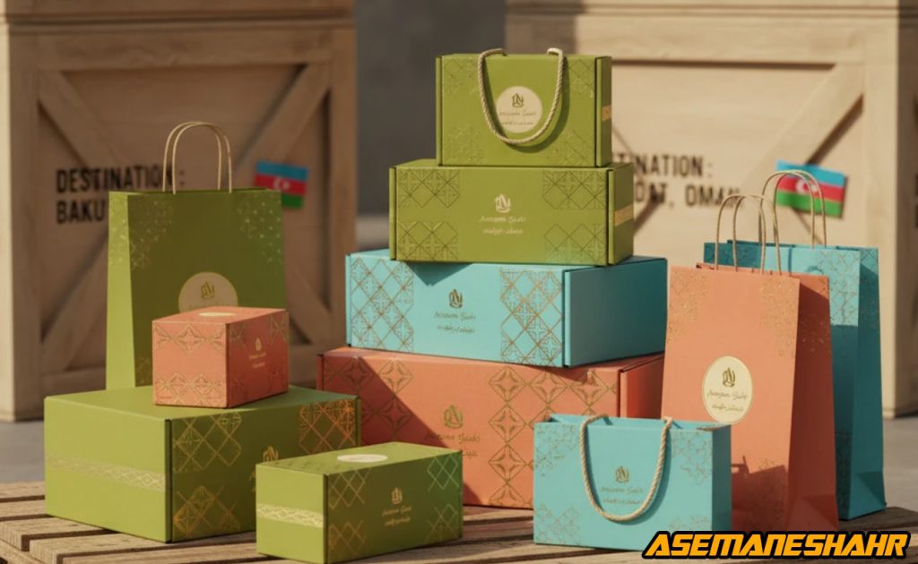 جعبه کادویی و بگشاپ صادراتی با طراحی ایرانی در رنگ های سبز و فیروزه ای، آماده ارسال به باکو و عمان.