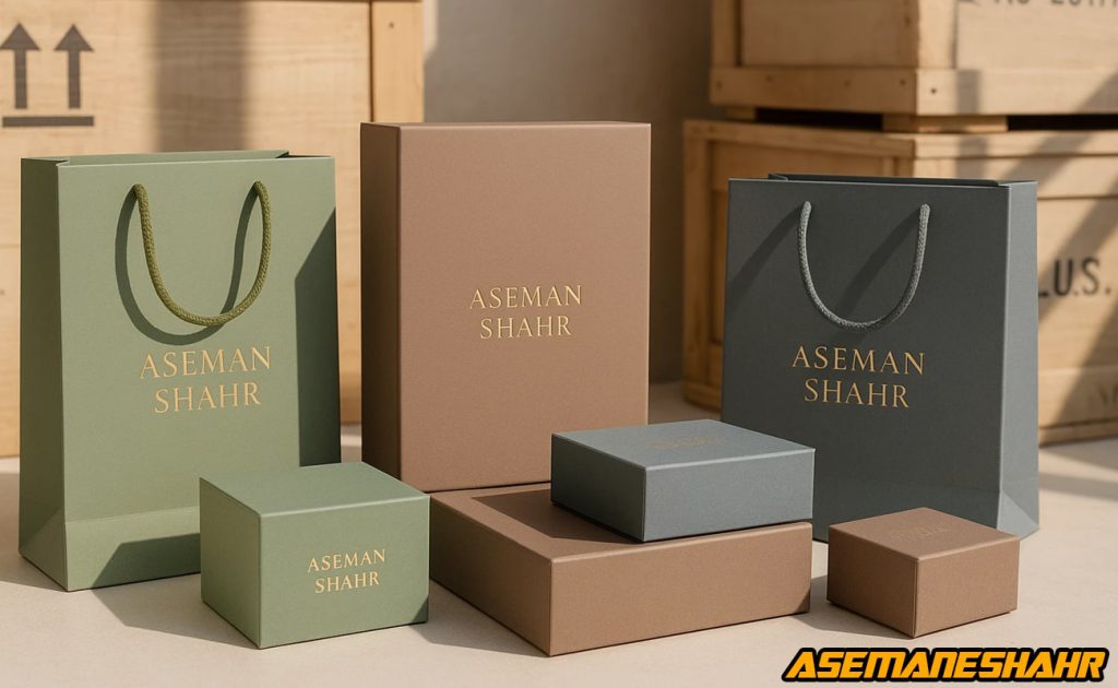 ساک‌ های دستی و جعبه‌ های صادراتی آسمان شهر با لوگوی طلایی در پالت زیتونی و قهوه‌ ای، نماد بسته‌ بندی لوکس ایرانی.