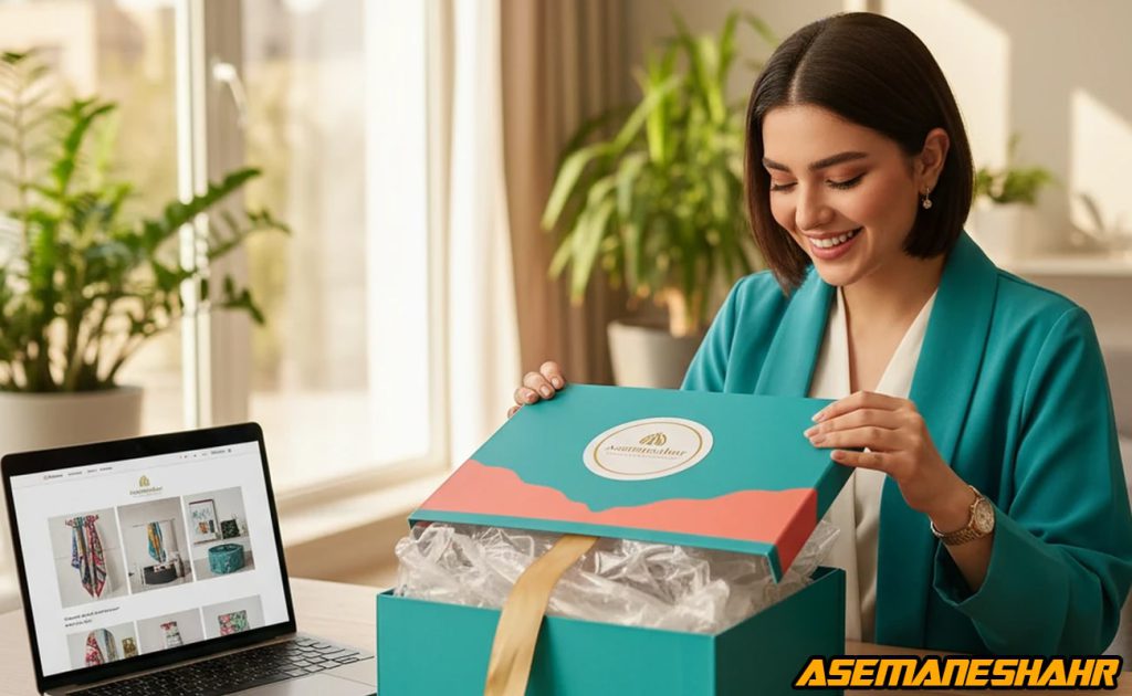 بازکردن جعبه فیروزه‌ ای آسمان‌ شهر با روبان طلایی کنار لپ‌ تاپ فروشگاه آنلاین، نماد خرید اینترنتی و ارسال سریع و مطمئن محصولات.