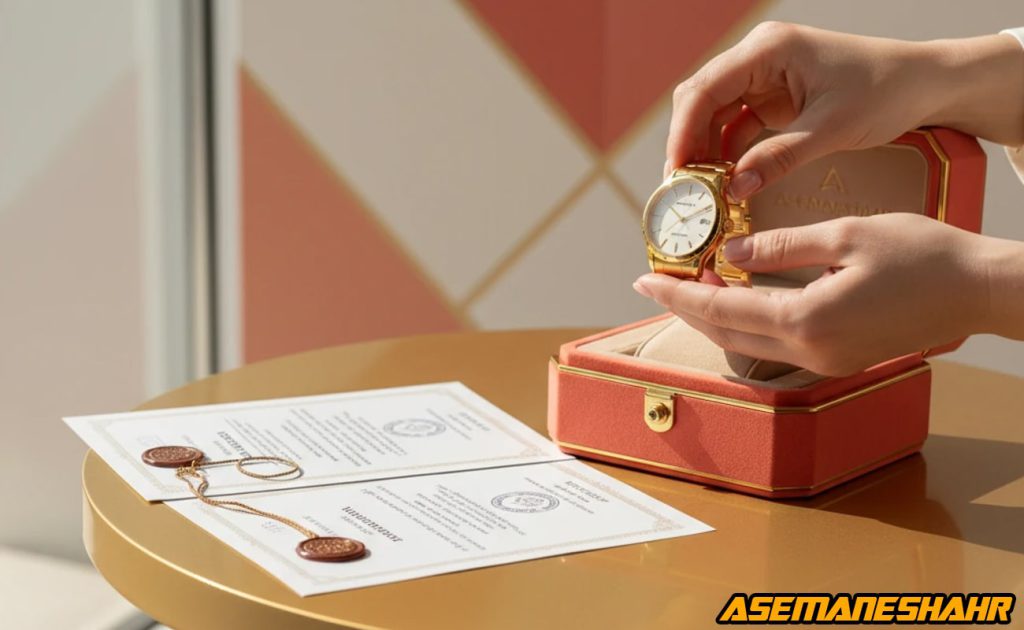 ساعت طلایی داخل جعبه لوکس نارنجی همراه مدارک مهر شده اصالت روی میز طلایی، نماد تضمین سلامت و اعتبار محصولات آسمان شهر.