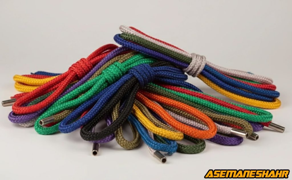 بندهای رنگی بگشاپ از جنس نخ بافت مقاوم، شامل قرمز، سبز، آبی، طلایی و خاکی با سر فلزی براق روی زمینه سفید استودیویی.