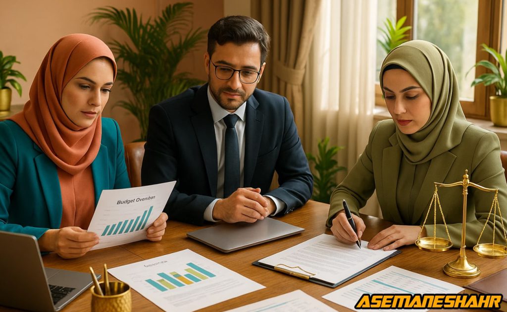 جلسه تیم مالی و حقوقی آسمان شهر در دفتر مدرن با نمودارهای بودجه و اسناد اداری روی میز چوبی، نماد دقت در حسابداری، قراردادها.