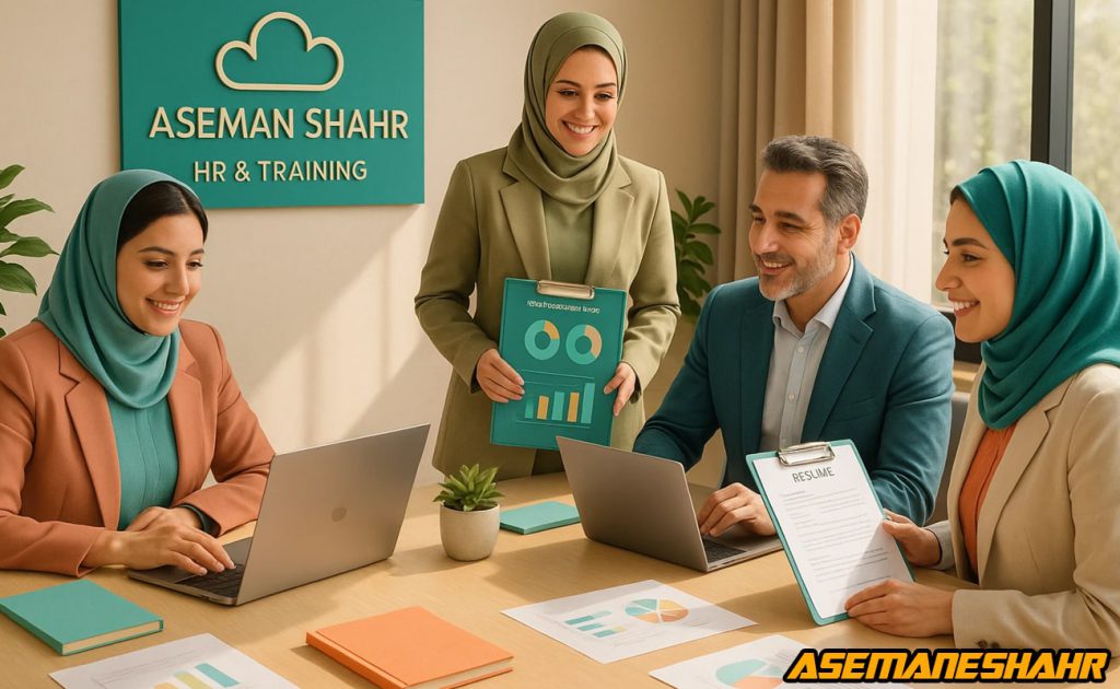 جلسه تیم منابع انسانی با پوشش شرکتی سبز و نارنجی در دفتر مدرن، بررسی رزومه ها و تحلیل داده های آموزشی برای توسعه.