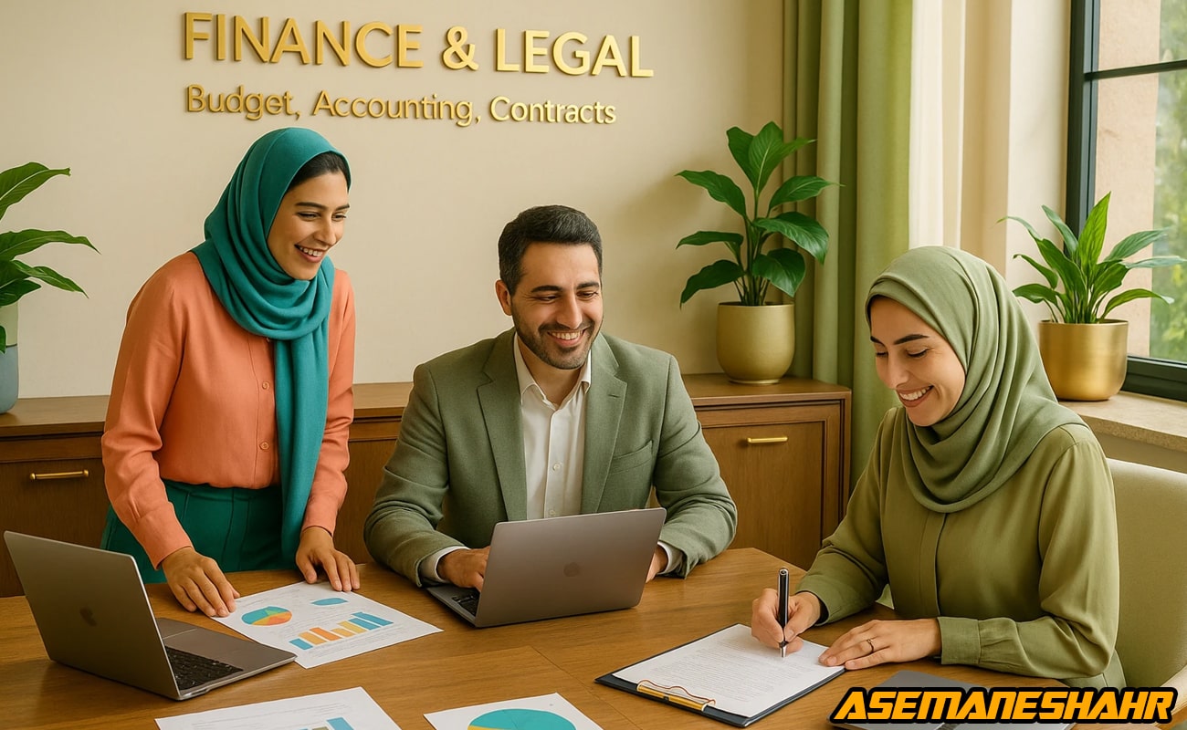 کارشناسان حقوقی و مالی در حال بررسی گزارش بودجه و امضای اسناد قانونی در فضای روشن اداری، نماد اعتماد، شفافیت و نظم حرفه‌ ای.