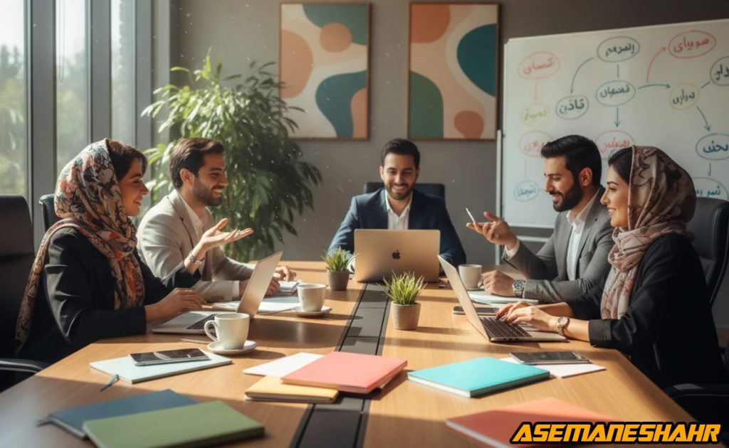 جلسه آموزشی و منابع انسانی آسمان شهر با حضور تیم مدیریتی در دفتر روشن، تحلیل نمودار مهارت‌ ها روی وایت‌ برد و برنامه‌ ریزی.