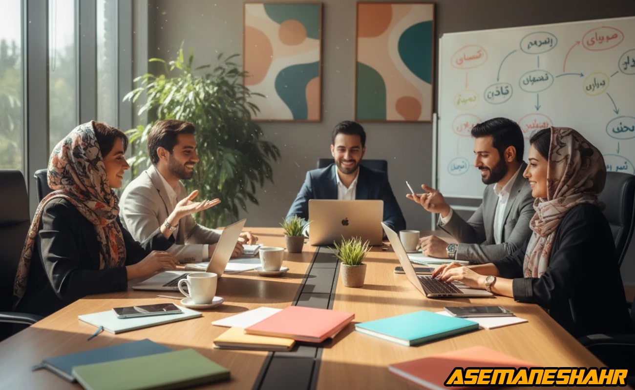 جلسه آموزشی و منابع انسانی آسمان شهر با حضور تیم مدیریتی در دفتر روشن، تحلیل نمودار مهارت‌ ها روی وایت‌ برد و برنامه‌ ریزی.