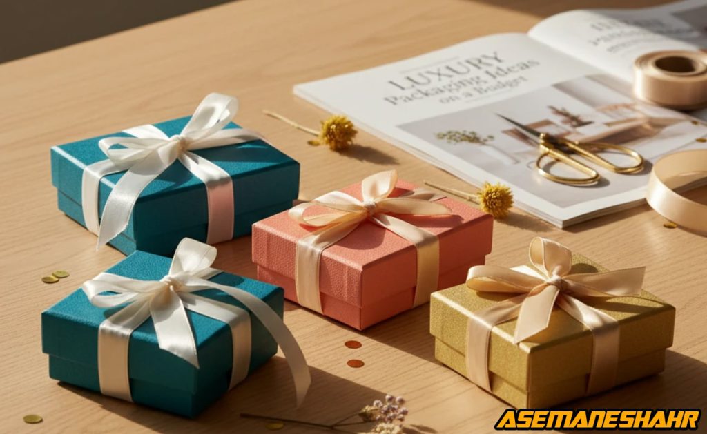 جعبه های کادویی در رنگ های آبی فیروزه ای و طلایی با روبان مرجانی براق روی میز چوبی روشن، نماد کادوپیچ شاد و لوکس ایرانی.