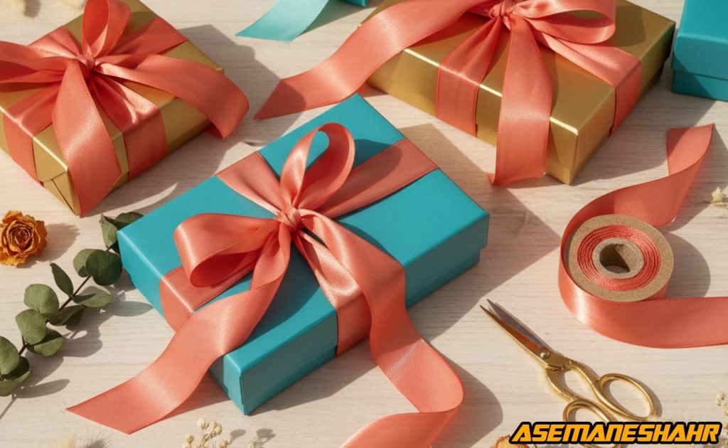 جعبه‌ های کادویی در رنگ‌ های آبی فیروزه‌ ای و طلایی با روبان مرجانی براق روی میز چوبی روشن، نماد کادوپیچ شاد و لوکس ایرانی.