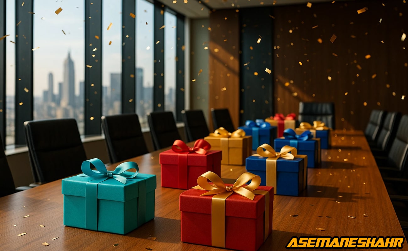 جعبه‌ های هدیه آبی، قرمز و طلایی با روبان‌ های براق روی میز جلسات شرکت، همراه بارش کنفتی، نماد جشن سازمانی لوکس آسمان‌ شهر.