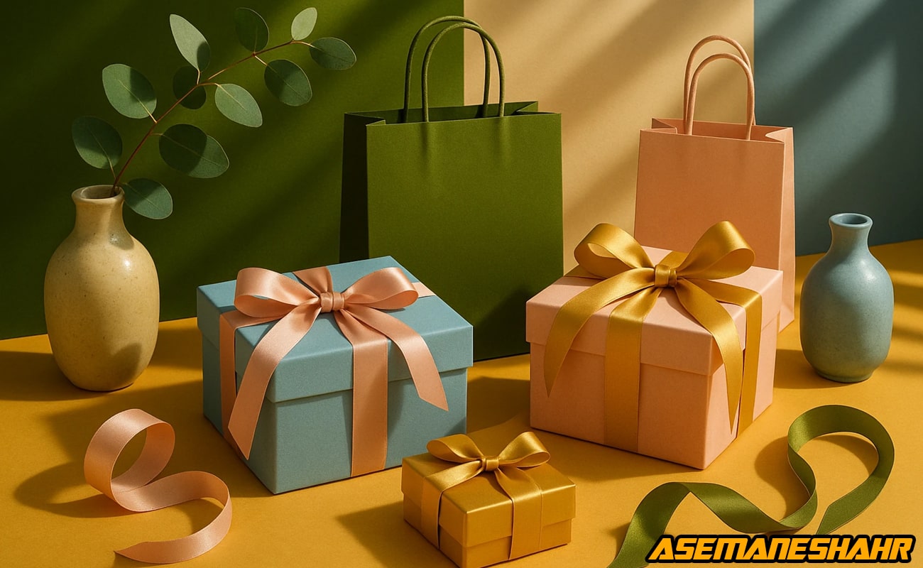 جعبه‌ های هدیه و ساک‌ های رنگی آسمان شهر با روبان‌ های طلایی و هلویی روی میز زرد، نماد بسته‌ بندی شاد و ارگانیک برند.