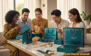 مشتریان در حال گشودن بسته‌ های فیروزه‌ ای و طلایی آسمان شهر روی میز مرمر، تجربه لحظه‌ بازکردن هدیه لوکس در فضایی روشن و صمیمی.