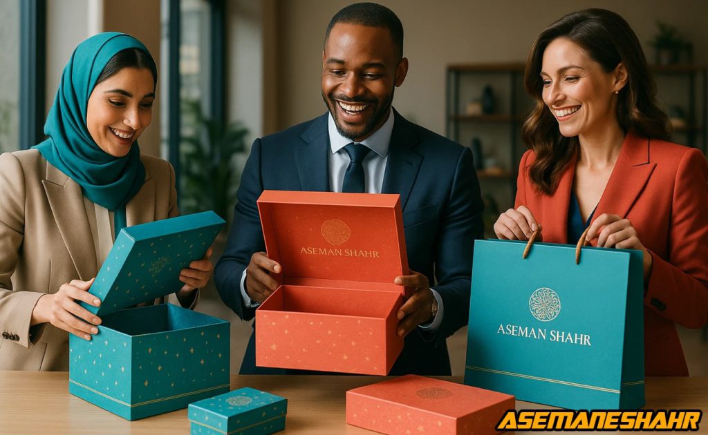 تیم حرفهای در حال بررسی جعبه های قرمز و فیروزه ای با لوگوی طلایی، نماد تجربه لوکس مشتریان تجاری و بسته بندی سازمانی ایرانی.