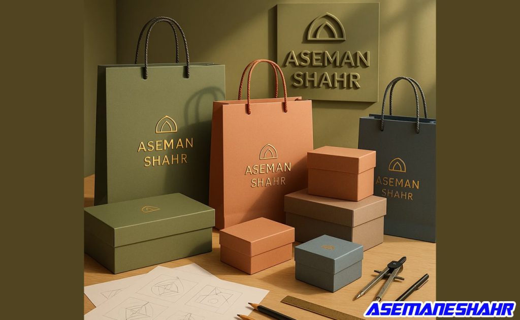 ساک‌ دستی ها و جعبه‌ های لوکس آسمان شهر با لوگوی طلاکوب روی میز طراحی، نماد ساختار خلاق برند در استودیو زیتونی مدرن.