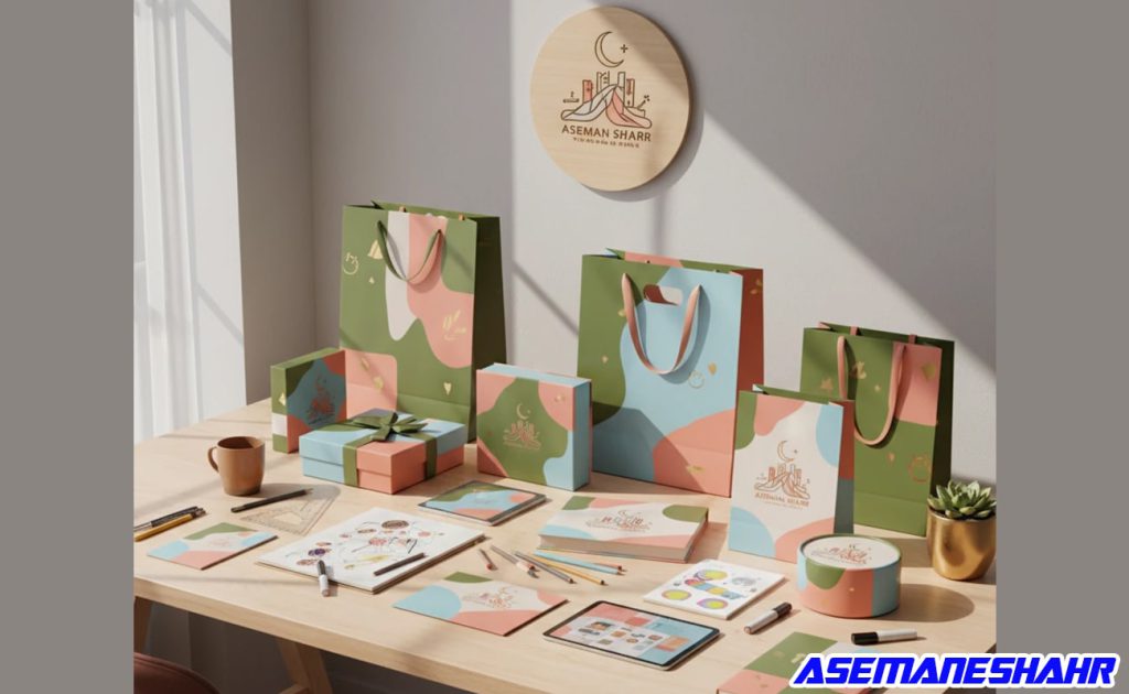 میز طراحی روشن با بگ شاپ ها و جعبه‌ کادویی رنگی در پالت سبز زیتونی و صورتی، نماد هویت بصری خلاق برند ایرانی.