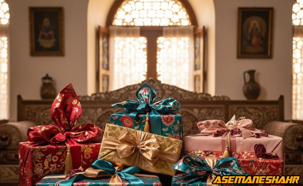 ست هدیه‌ های لوکس با کاغذهای طرحدار طلایی و فیروزه‌ ای در دکور سنتی خانه ایرانی، نماد اصالت و هنر بسته‌ بندی آسمان‌ شهر.