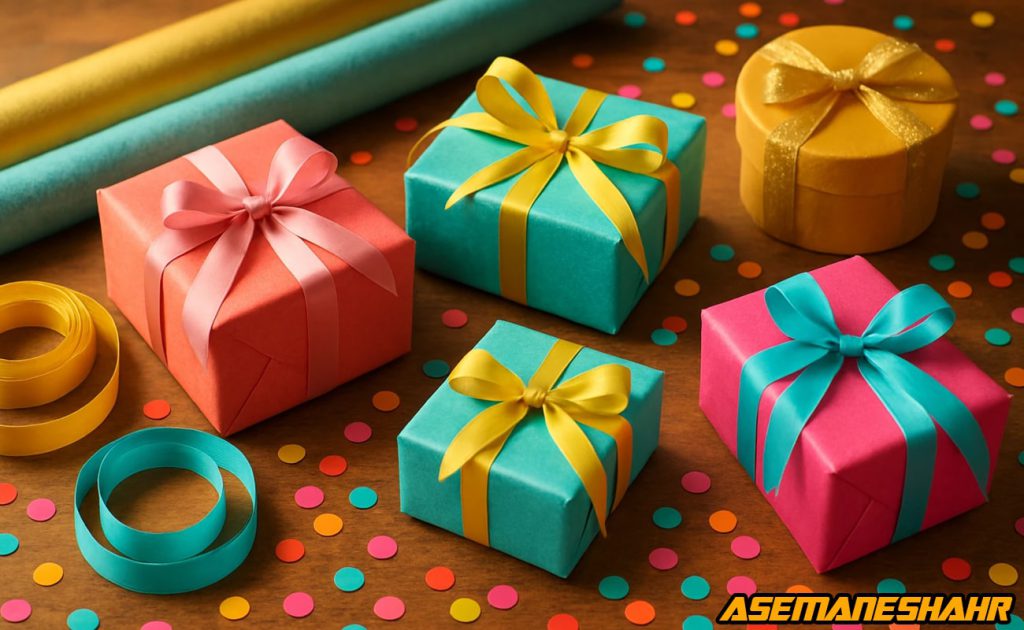 جعبه‌ های رنگا رنگ فیروزه‌ ای، صورتی و زرد با روبان‌ های براق روی میز جشن، نماد خلاقیت و شادمانی در بسته‌ بندی هدیه آسمان‌ شهر.