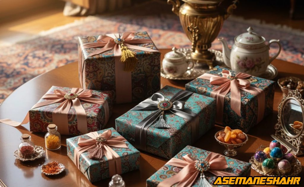 کادوهای بسته‌ بندی‌ شده با کاغذطرح سنتی ایرانی و روبان‌ های صورتی ونقره‌ ای روی میز چوبی با ظروف پذیرایی، نماد شکوه هنر ایرانی.