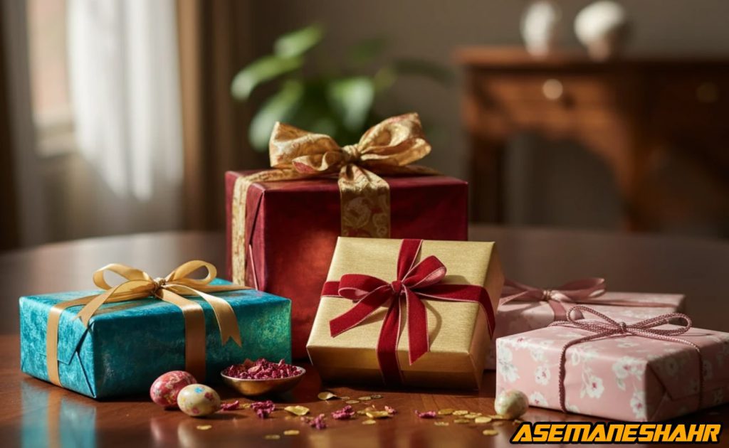 باکس های کادویی طلایی، قرمز و آبی فیروزه‌ ای با روبان‌ های مخملی روی میز چوبی، نماد کادوپیچ جذاب ایرانی و خلاقیت برند آسمان‌ شهر.