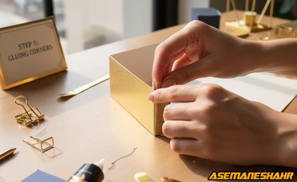 چسباندن گوشه‌ های جعبه طلایی براق با دقت دست در نور طبیعی روز، گام نهایی ساخت بسته‌ بندی لوکس ایرانی.
