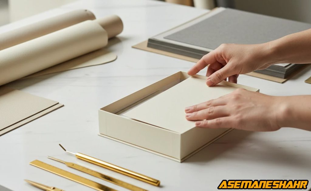 تا زدن و چسباندن دیواره‌ های مقوای کرم در کارگاه، فرآیند شکل‌ دهی اولیه بدنه جعبه بسته‌ بندی.