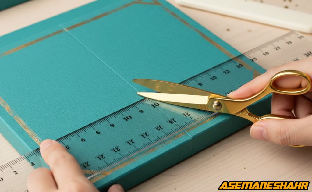 برش دقیق مقوای فیروزه‌ ای با قیچی طلایی و خط‌ کش فلزی، آغاز مرحله ساخت بدنه جعبه هدیه آسمان شهر.