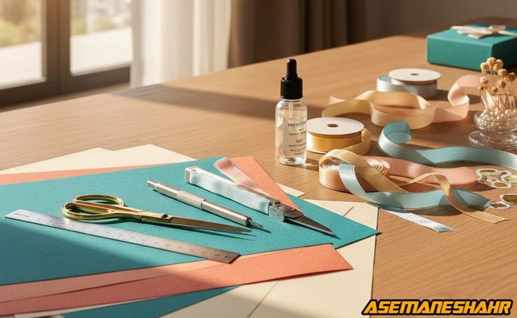 ابزارهای ساخت جعبه هدیه شامل قیچی طلایی، چسب و روبان‌ های پاستلی روی میز چوبی در نور گرم کارگاه هنری.