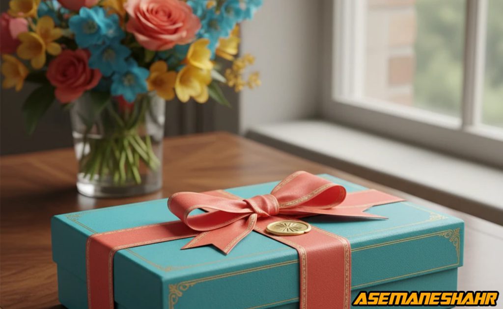 جعبه هدیه فیروزه‌ ای آسمان شهر با روبان صورتی و مدال طلایی در کنار دسته‌ گل بزرگ روی میز چوبی.