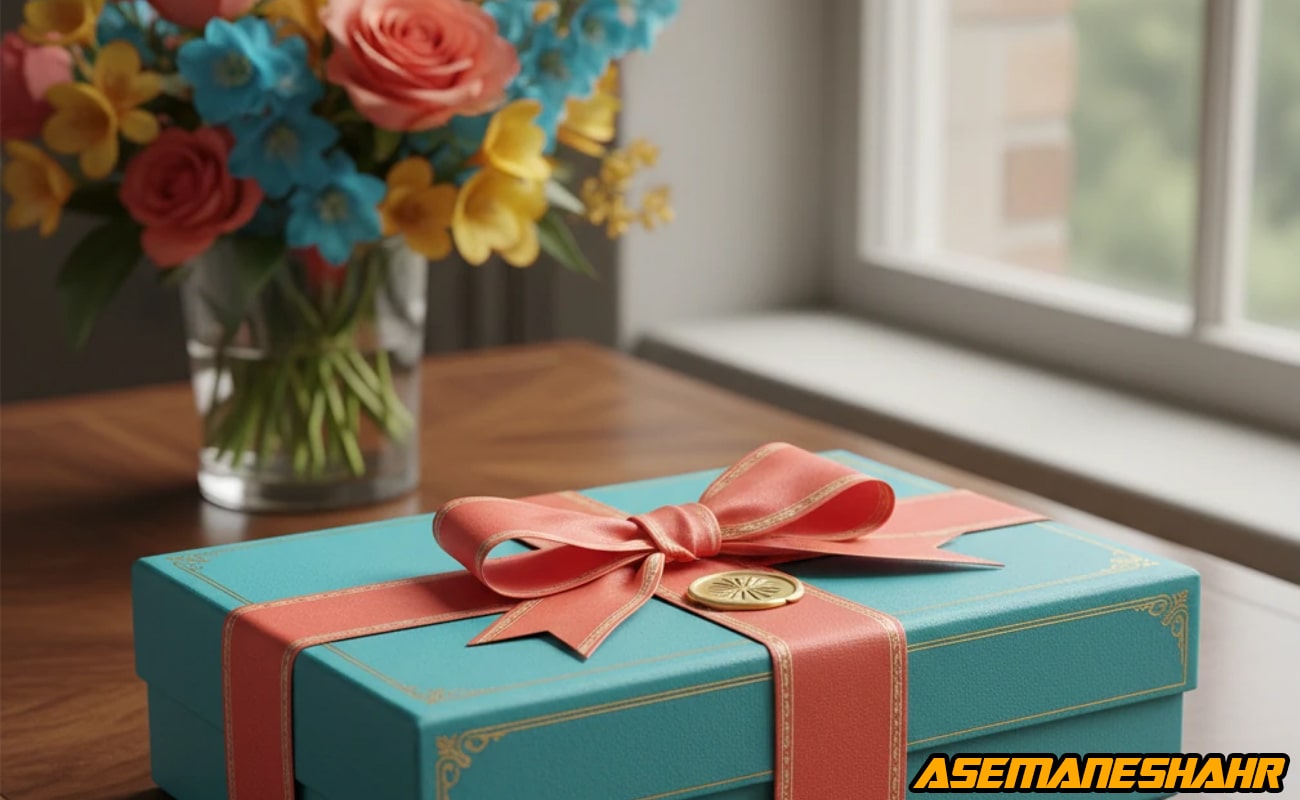جعبه هدیه فیروزه‌ ای آسمان شهر با روبان صورتی و مدال طلایی در کنار دسته‌ گل بزرگ روی میز چوبی.