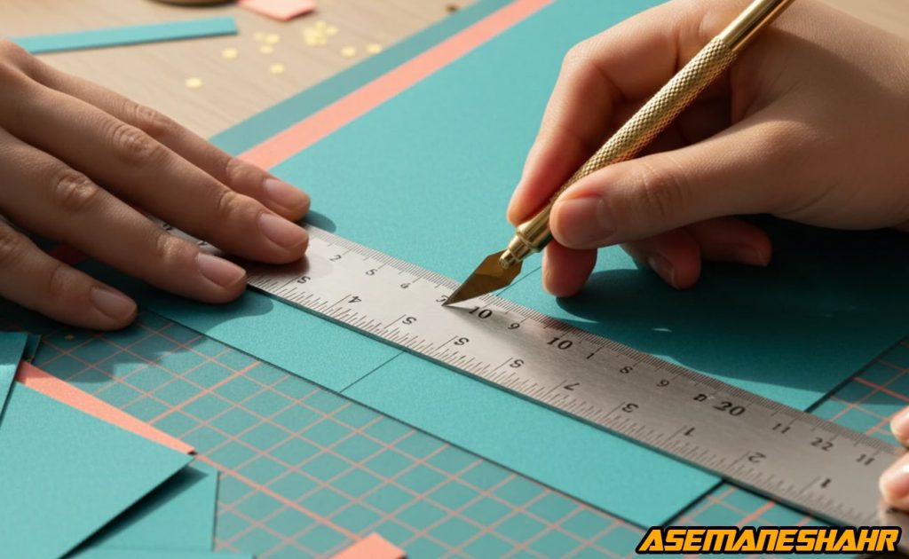 برش دقیق مقوای فیروزه‌ ای با خط‌کش فلزی و کاتر طلایی برای ساخت جعبه هدیه دست‌ساز برند آسمان شهر با نور طبیعی صبح.