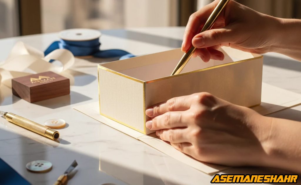 مونتاژ جعبه کادوی کرم با قلم طلایی روی میز مرمر، مرحله تزیین لبه‌ ها در آموزش ساخت جعبه لوکس.