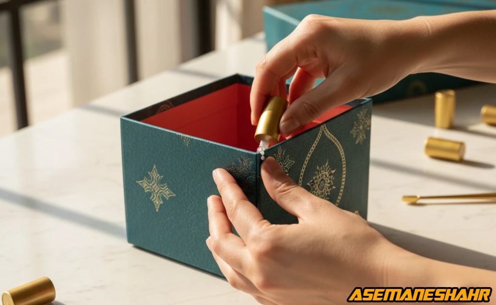 افزودن جزئیات طلاکوب روی جعبه سبز تیره با ابزار فلزی ظریف، نماد ظرافت دست‌ ساز در طراحی بسته‌ بندی ایرانی.