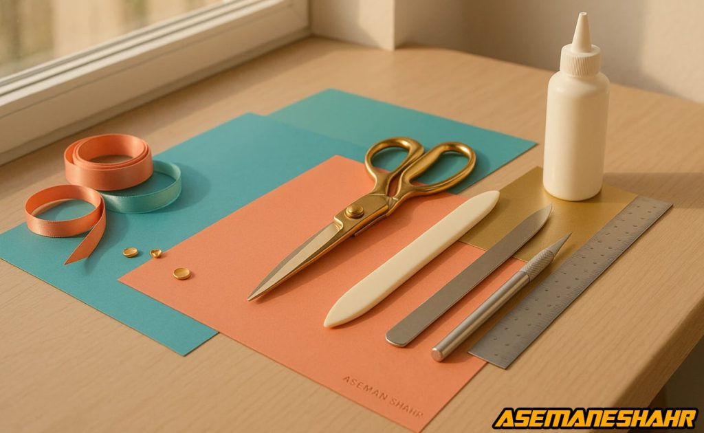 ابزارهای طلایی و روبان‌ های مرجانی و آبی روی میز کار چوبی، آماده‌ سازی مقدماتی برای طراحی جعبه‌ های هنری.