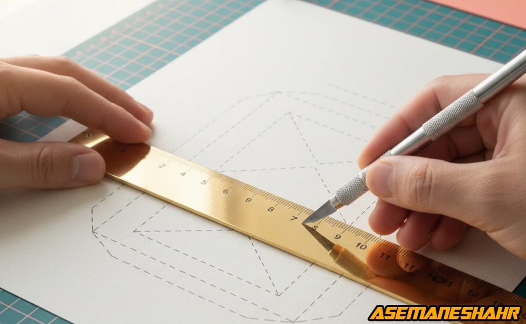 برش الگوی جعبه هدیه با خط‌ کش طلایی و کاتر فلزی روی صفحه طراحی، شروع فرآیند طراحی دقیق بسته‌ بندی.