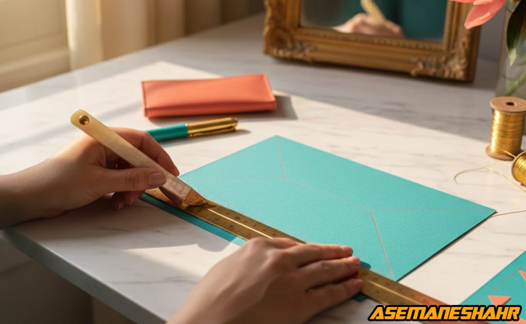 خط‌کشی مقوای فیروزه‌ ای با قلم سفید روی میز مرمر برای آماده‌ سازی سطح بیرونی جعبه دست‌ ساز لوکس.