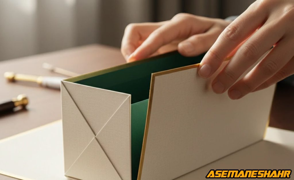 تا زدن دقیق بدنه جعبه کرم و سبز با دست در مرحله جمع‌ کردن بدنه اصلی، بخشی از آموزش ساخت جعبه هدیه.