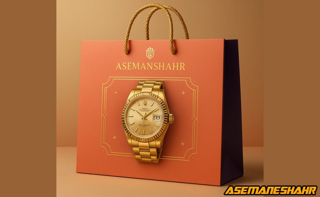 ساک هدیه مرجانی با چاپ لوگوی طلایی و تصویر ساعت لوکس طلایی، نمادی از بسته بندی شیک و هدایای لاکچری با طراحی مدرن ایرانی.