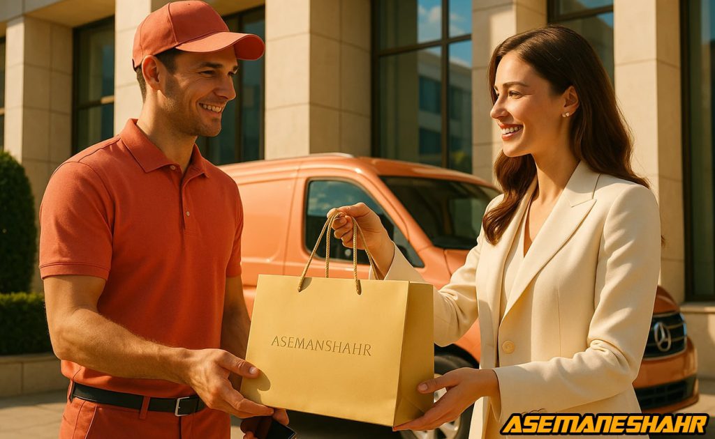 تحویل ساک طلایی آسمان شهر توسط پیک به مشتری در مقابل ساختمان مدرن اداری، نماد اعتماد، سرعت خدمات و بسته بندی لوکس ایرانی.