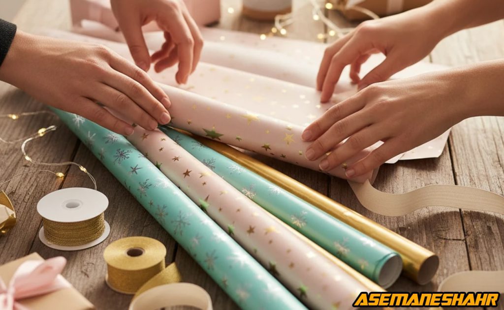 دست‌های در حال انتخاب رول‌ های کاغذ کادو طلایی، فیروزه‌ ای و صورتی با ست روبان روی میز چوبی، نماد آمادگی برای بسته‌ بندی.