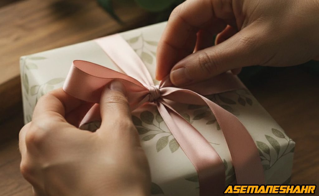 دست‌ها در حال گره‌ زدن روبان صورتی روی جعبه سفید طرح برگ، نماد دقت، زیبایی و عاشقانه‌ بودن فرآیند بسته‌ بندی هدیه.