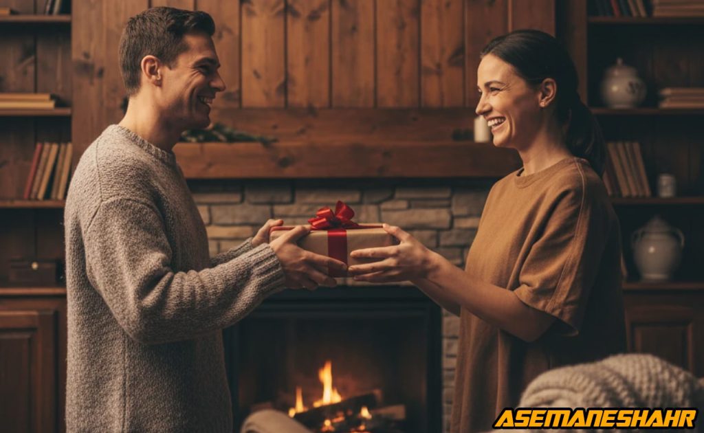 لحظه هدیه دادن میان دو نفر در فضای گرم کنار شومینه چوبی، نماد صمیمیت، احساس و ارزش‌ آفرینی برند آسمان‌ شهر در تجربه هدیه.