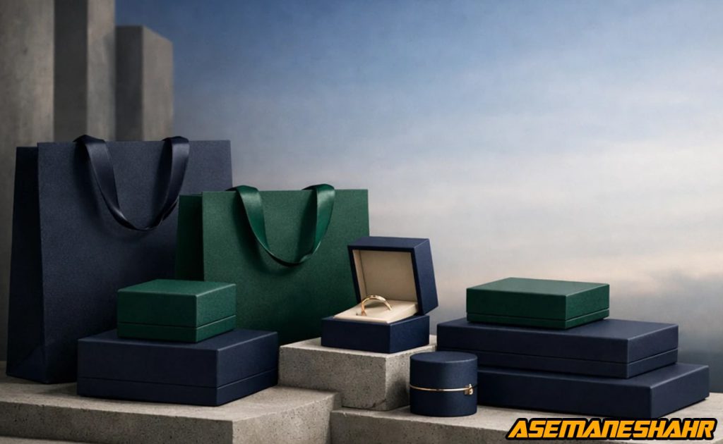 ساک دستی و جعبه بسته‌ بندی لوکس با طراحی مینیمال در رنگ‌ های سبز و سرمه‌ ای، مناسب بسته‌ بندی هدیه‌ های خاص و برندهای premium.