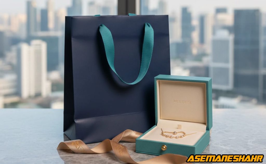 ساک دستی کاغذی شیک به‌ همراه جعبه جواهرات لوکس، انتخابی مناسب برای بسته‌ بندی هدیه، طلا و محصولات ارزشمند.