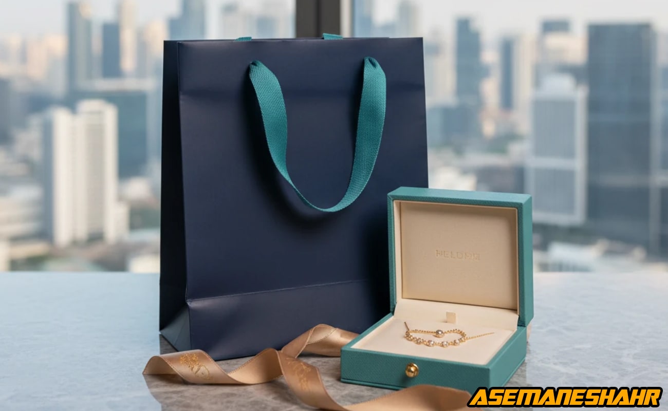 ساک دستی کاغذی شیک به‌ همراه جعبه جواهرات لوکس، انتخابی مناسب برای بسته‌ بندی هدیه، طلا و محصولات ارزشمند.