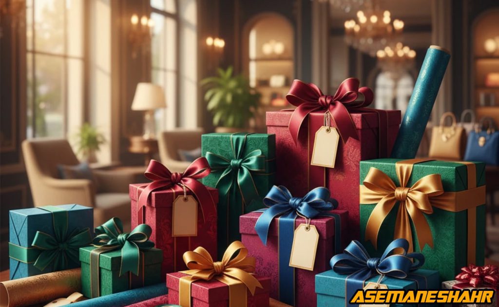 جعبه‌ های هدیه لوکس در رنگ‌ های قرمز، سبز و آبی با روبان‌ های ساتن، چیده‌ شده در فضای مجلل، نماد هنر بسته‌ بندی حرفه‌ای آسمان‌ شهر.
