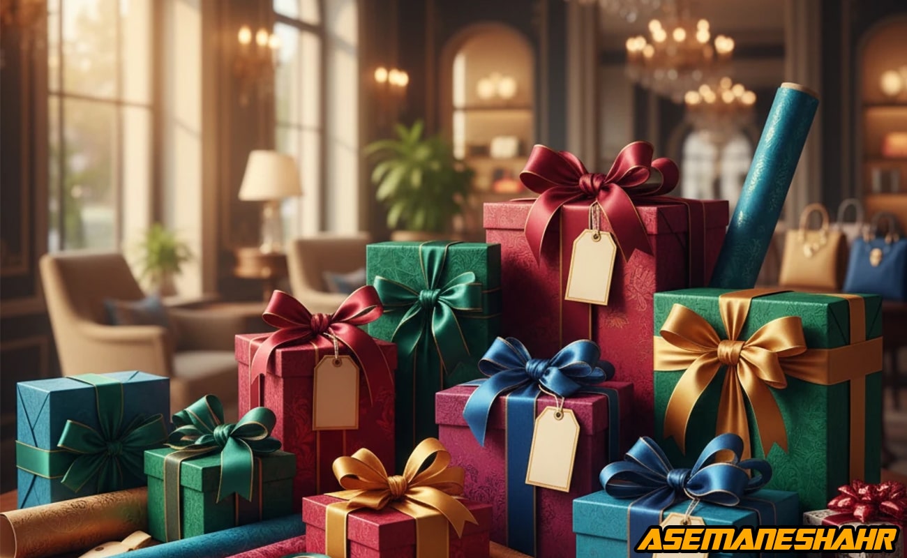 جعبه‌ های هدیه لوکس در رنگ‌ های قرمز، سبز و آبی با روبان‌ های ساتن، چیده‌ شده در فضای مجلل، نماد هنر بسته‌ بندی حرفه‌ای آسمان‌ شهر.