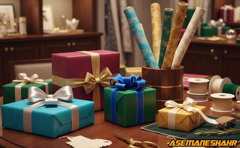 جعبه های کادو رنگی با روبان های طلایی و نقره ای کنار رول های کاغذ کادو، نمایش مراحل طراحی و بسته بندی خلاقانه برند آسمان شهر.