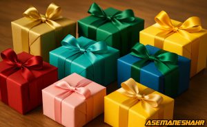 جعبه‌ های هدیه در رنگ‌ های قرمز، فیروزه‌ ای، سبز و زرد با روبان‌ های براق، نمادی از تاثیر انتخاب رنگ در جذابیت بسته‌ بندی هدیه.