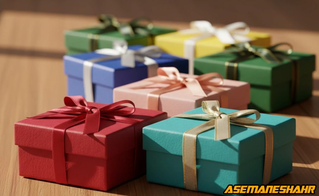 هدیه های بسته بندی شده در رنگهای قرمز، آبی، فیروزه ای و زرد با روبان های ساتن، نمایش نقش روانشناختی رنگ ها در جذابیت.