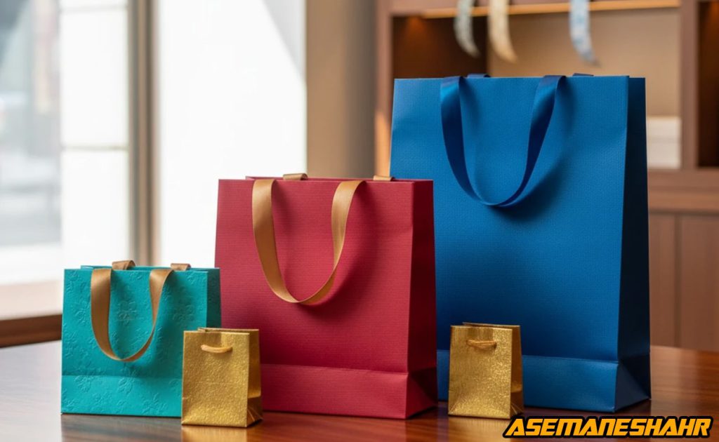 سه ساک دستی آبی، قرمز و فیروزه‌ ای در اندازه‌ های متفاوت کنار دو ساک طلایی کوچک، نمایش مقایسه کاربردی سایزبندی.