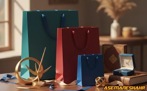 ساک‌ های هدیه در سه سایز مختلف با رنگ‌ های فیروزه‌ ای، قرمز و آبی کنار جعبه جواهر و المان‌ های طلایی، نمایش انتخاب سایز.